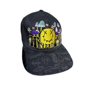 Top Level SnapBack Hat 100% Cotton Embroidered Trippy Black Smiley Mushrooms OS